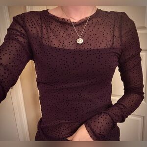 Plum Purple Black Mesh Sheer Polka Dot Top Long Sleeve M